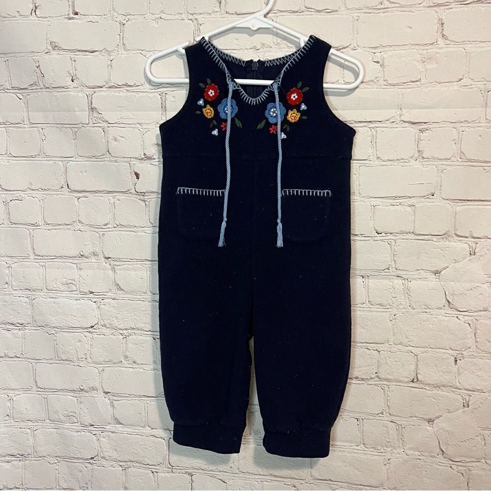 Heartstrings Baby Fleece Overall Navy Blue with flowers size 12 months